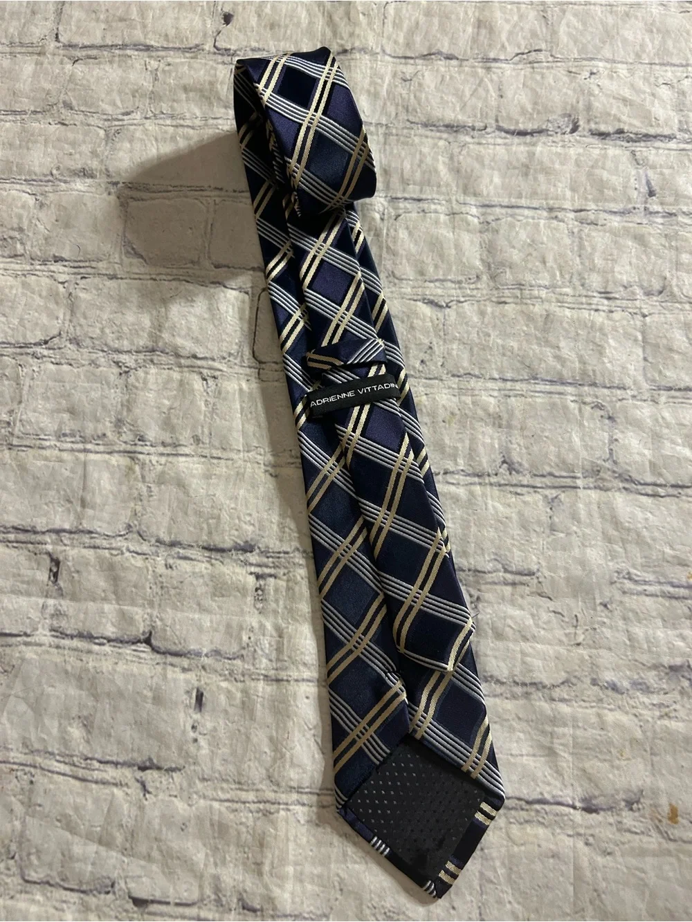 ADRIENNE VITTADINI NAVY BLUE,SILVER,GOLD PLAID PATTERN NECK TIE HAND MADE POLY